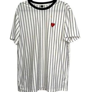 Shein Large White & Black Striped T-Shirt With Heart Embroidery